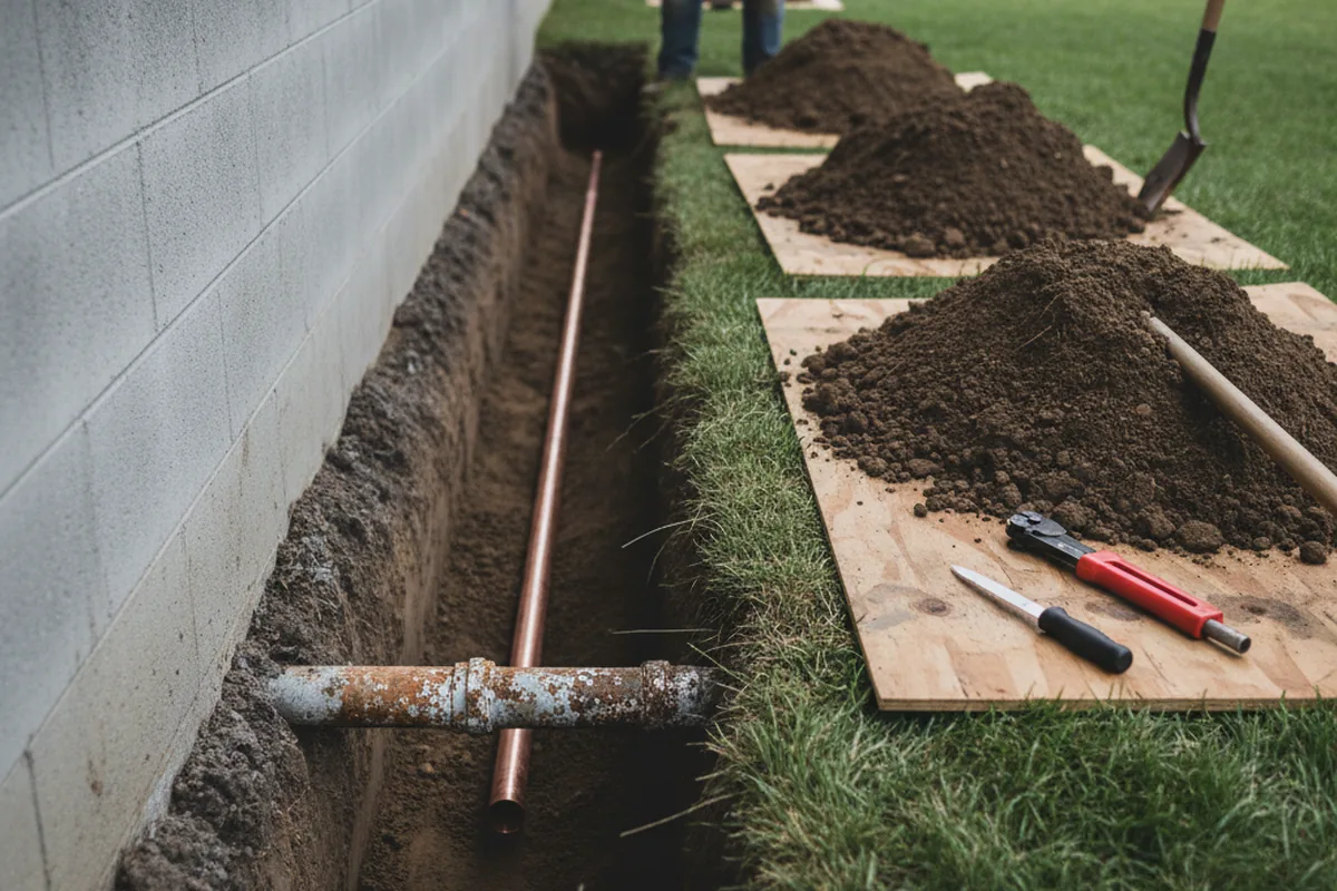 Excavated water line trench during Water Softener Installation in Drake